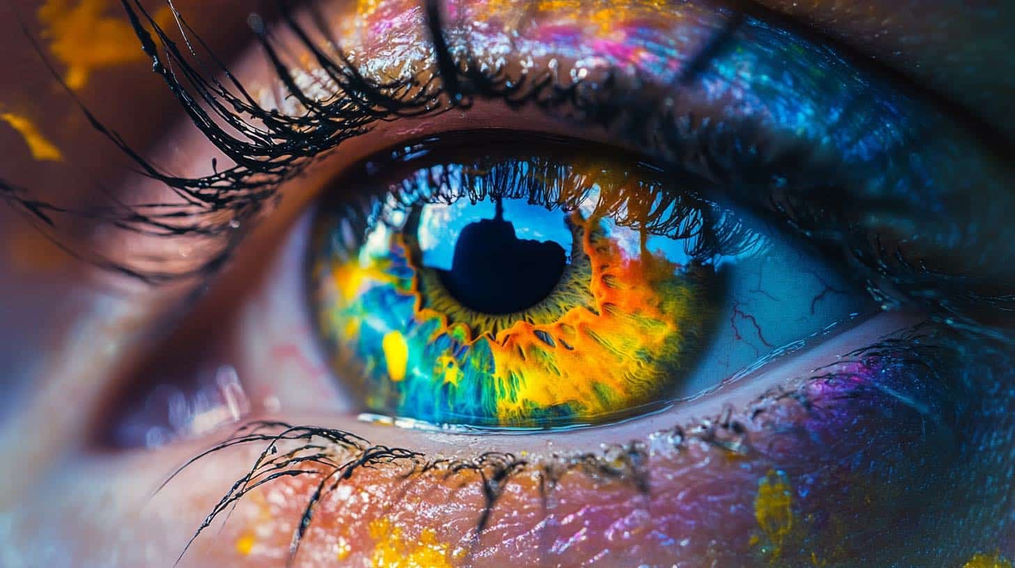 Nahaufnahme eines menschlichen Auges mit intensiven, leuchtenden Farben, die verschiedene emotionale und mentale Zustände symbolisieren. Wie wirkt Visualisierung - Was sagt die Neurowissenschaft dazu?